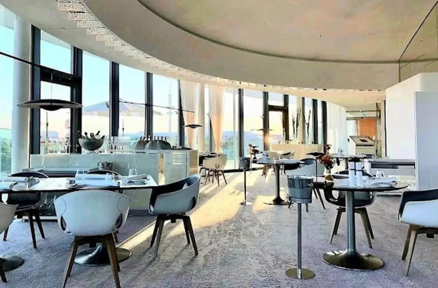 Modern interior of Lakeside restaurant in Hamburg with stunning panoramic views