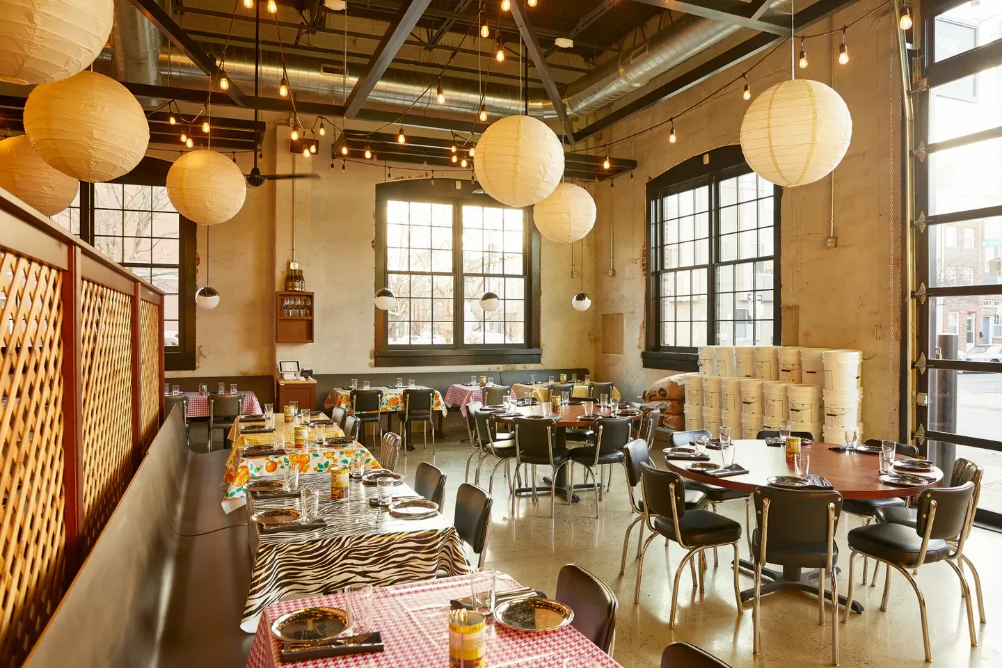 Interior of Laser Wolf restaurant in Philadelphia, with unique decor and lighting