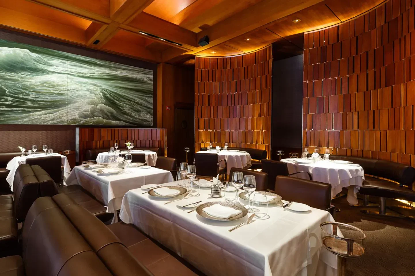Elegant interior of Le Bernardin in New York City with fine dining tables