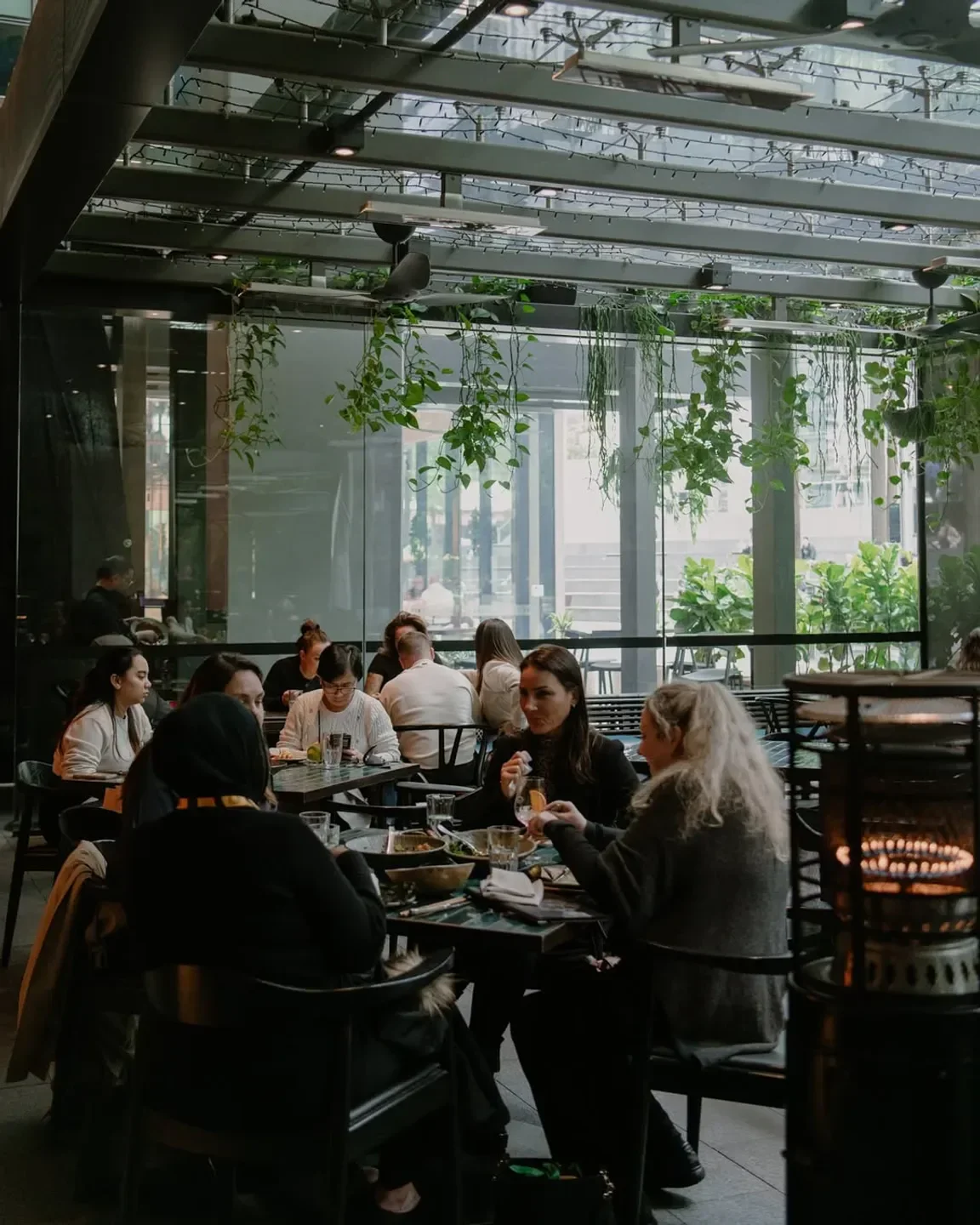 Dining at Lilymu restaurant in Sydney, with hanging plants and ambient lighting.