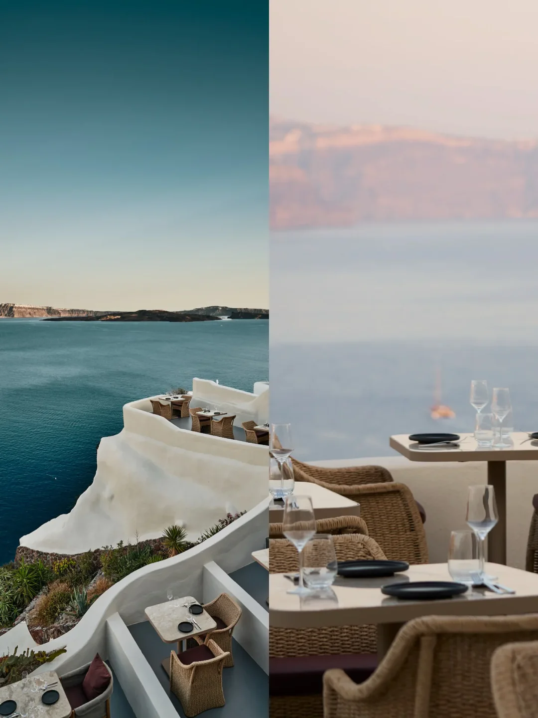 Terrace dining at Lure restaurant overlooking the sea and the city in the distance at sunset