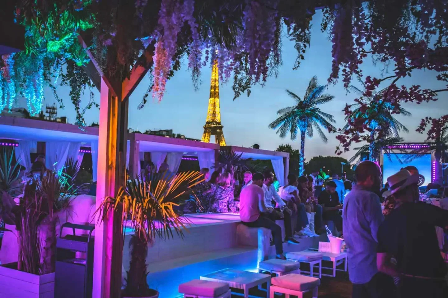 Rooftop ambiance at Mademoiselle Mouche in Paris, with Eiffel Tower views and palm trees.