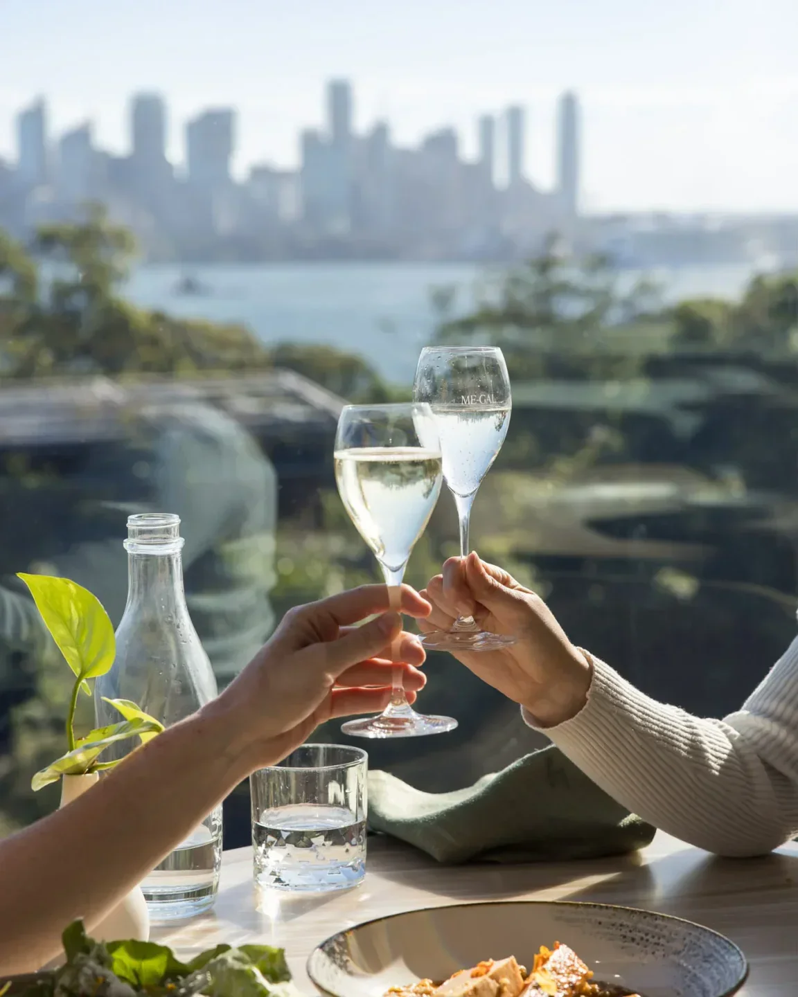 Cheers at Me-Gal Restaurant in Sydney, with wine glasses and Sydney city view