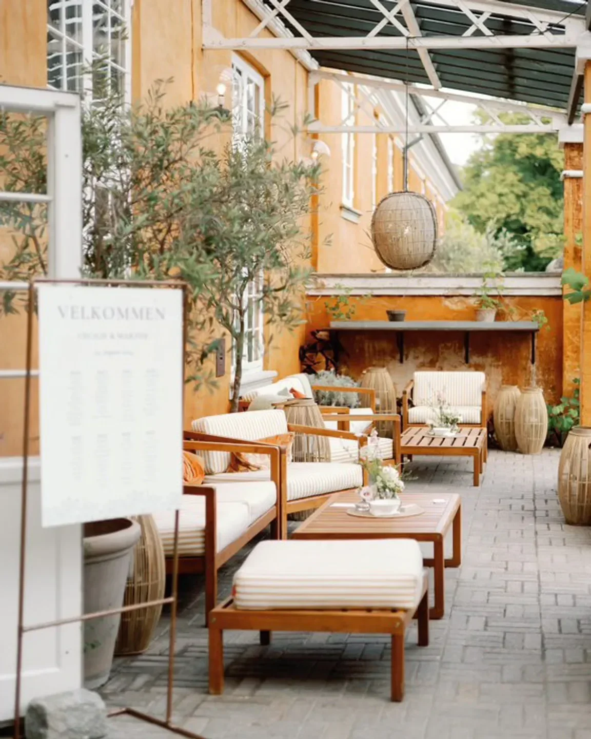 Cozy outdoor seating area at Mielcke & Hurtigkarl restaurant in Copenhagen.
