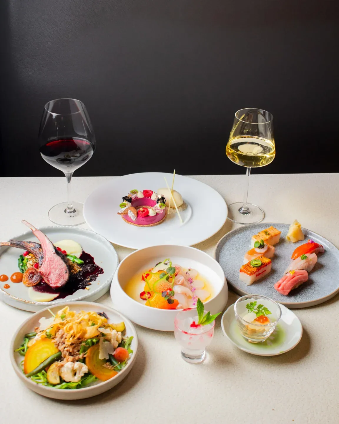 Delectable dishes and wine at Minami Vancouver, a fine dining restaurant in Vancouver.