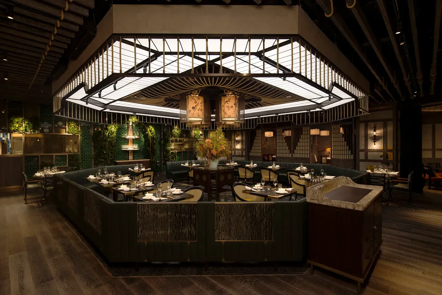 Interior of Mott 32 Singapore restaurant with elegant decor and dining tables in Singapore.