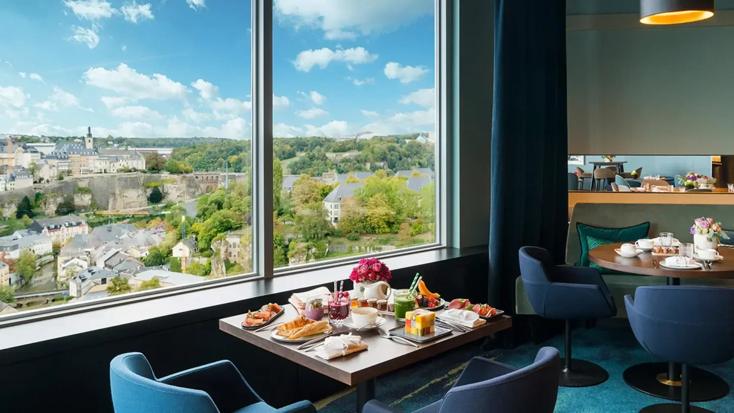 Delicious breakfast spread with a view at Mu restaurant in Luxembourg city