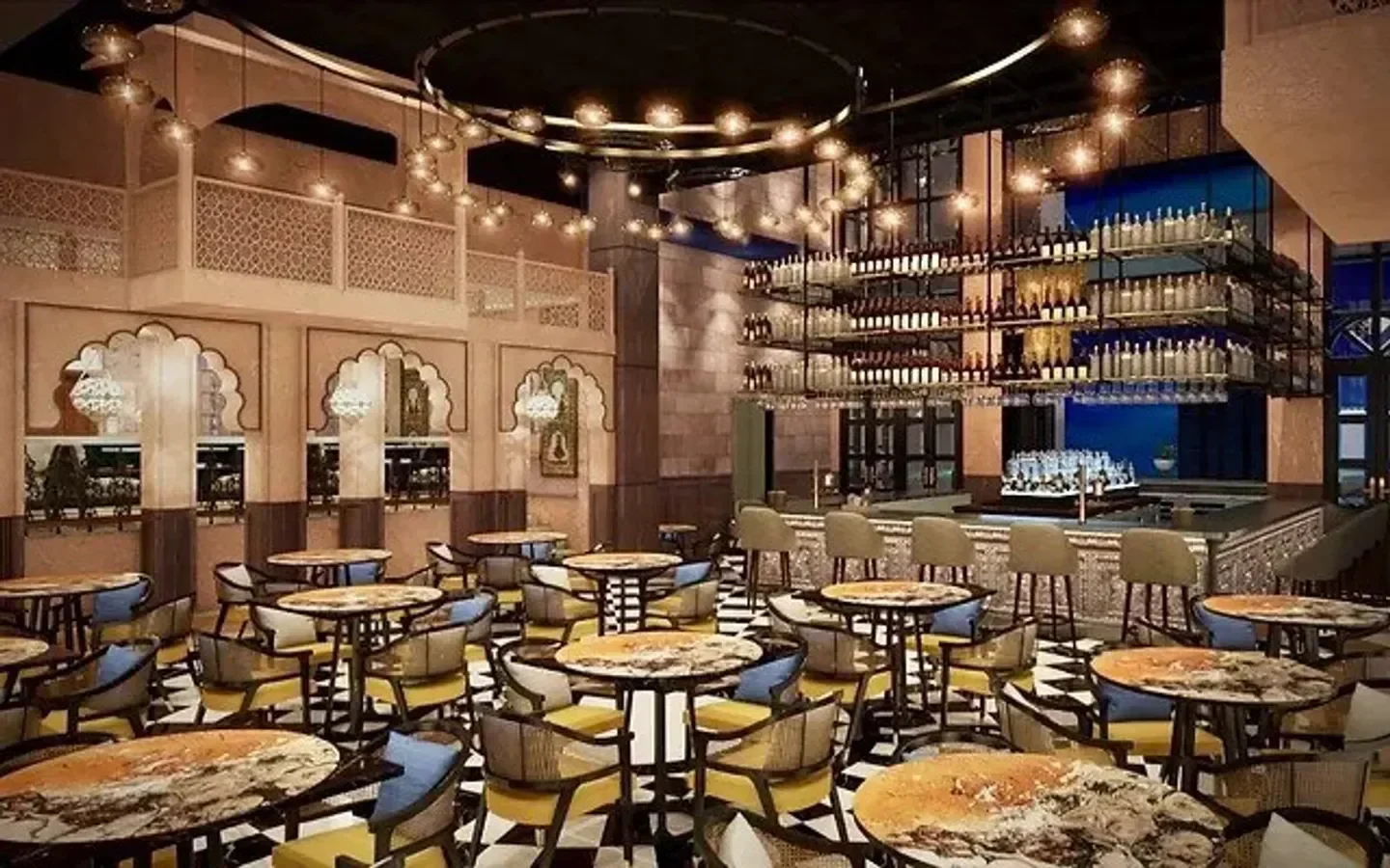 Interior dining at Musaafer restaurant in Houston, with stylish seating and decor.