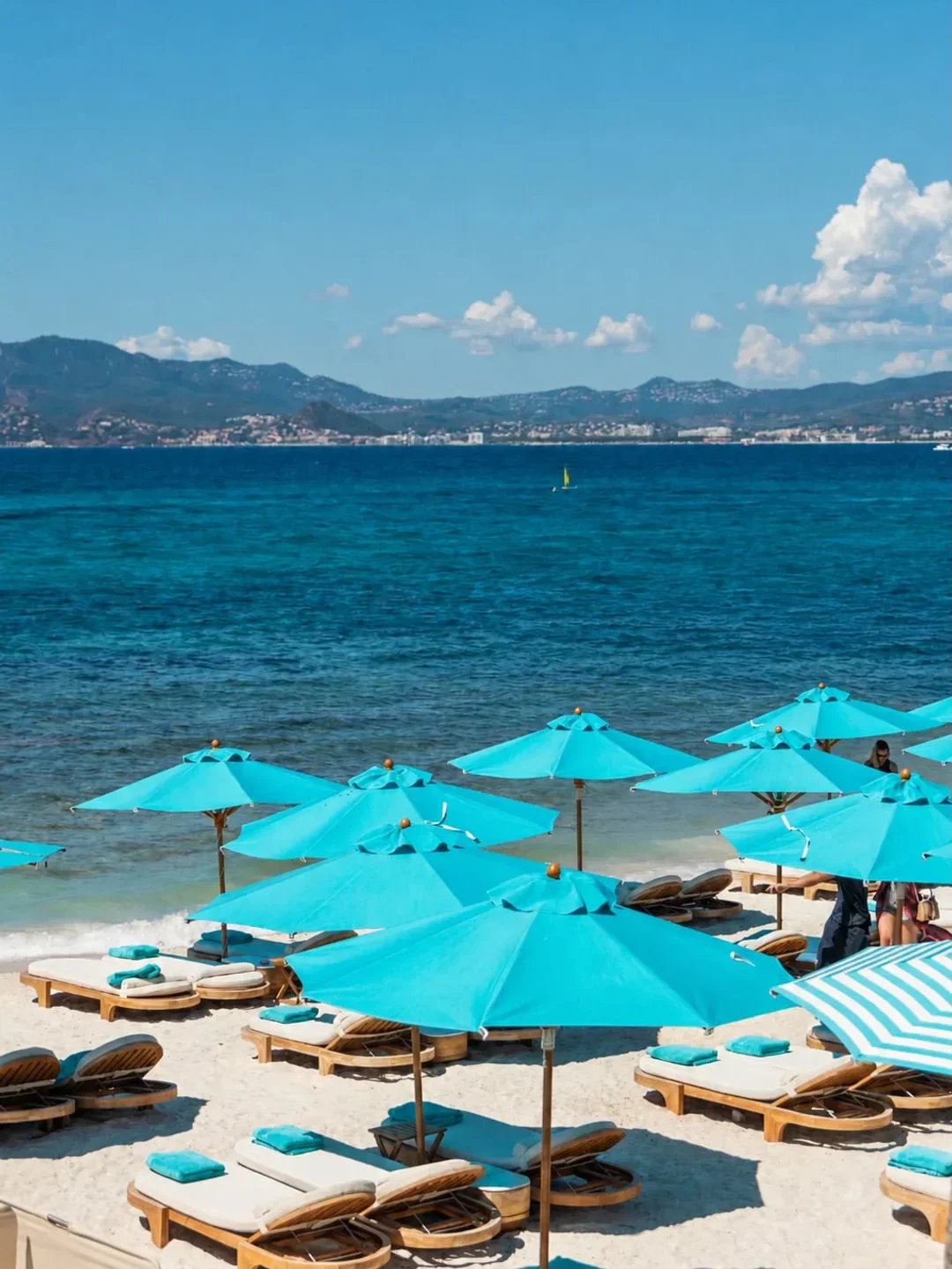 Nammos restaurant beach in Cannes with turquoise umbrellas and lounge chairs facing the Mediterranean Sea