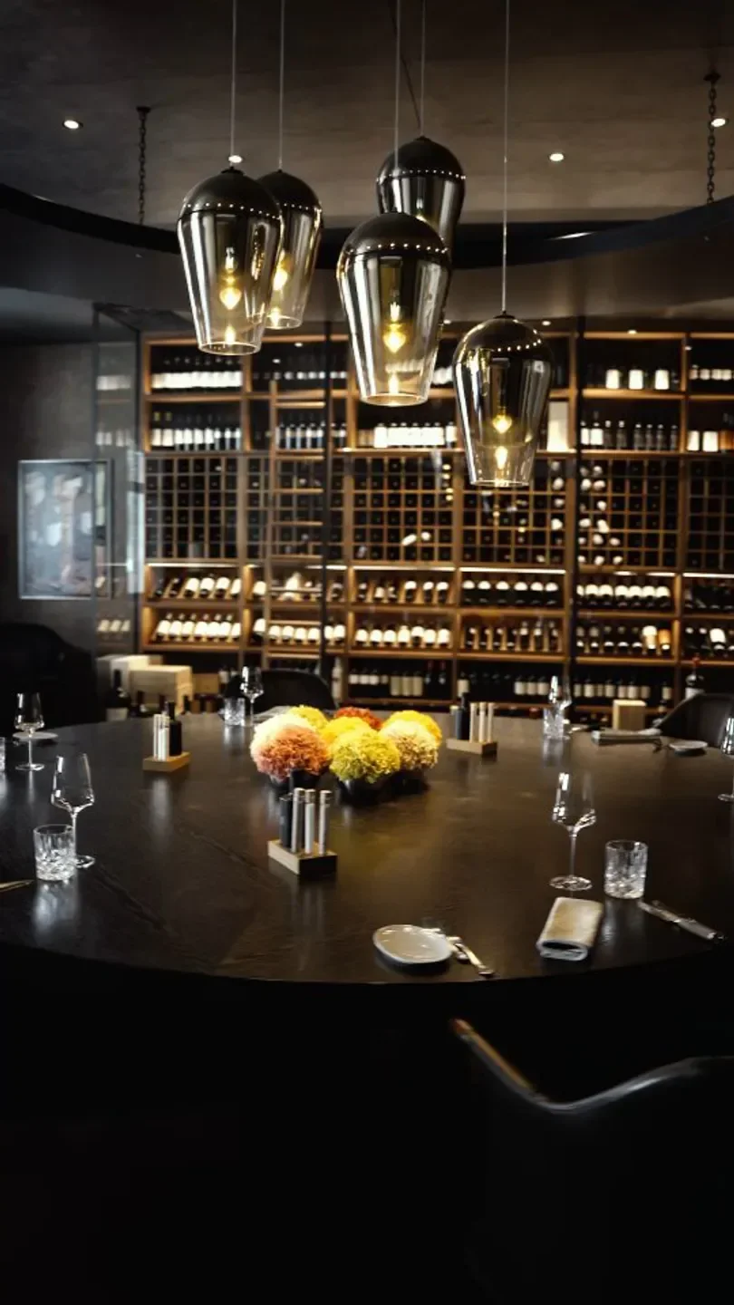 Elegant dining interior at NapaGrill Zurich, featuring wine cellar and ambient lighting.