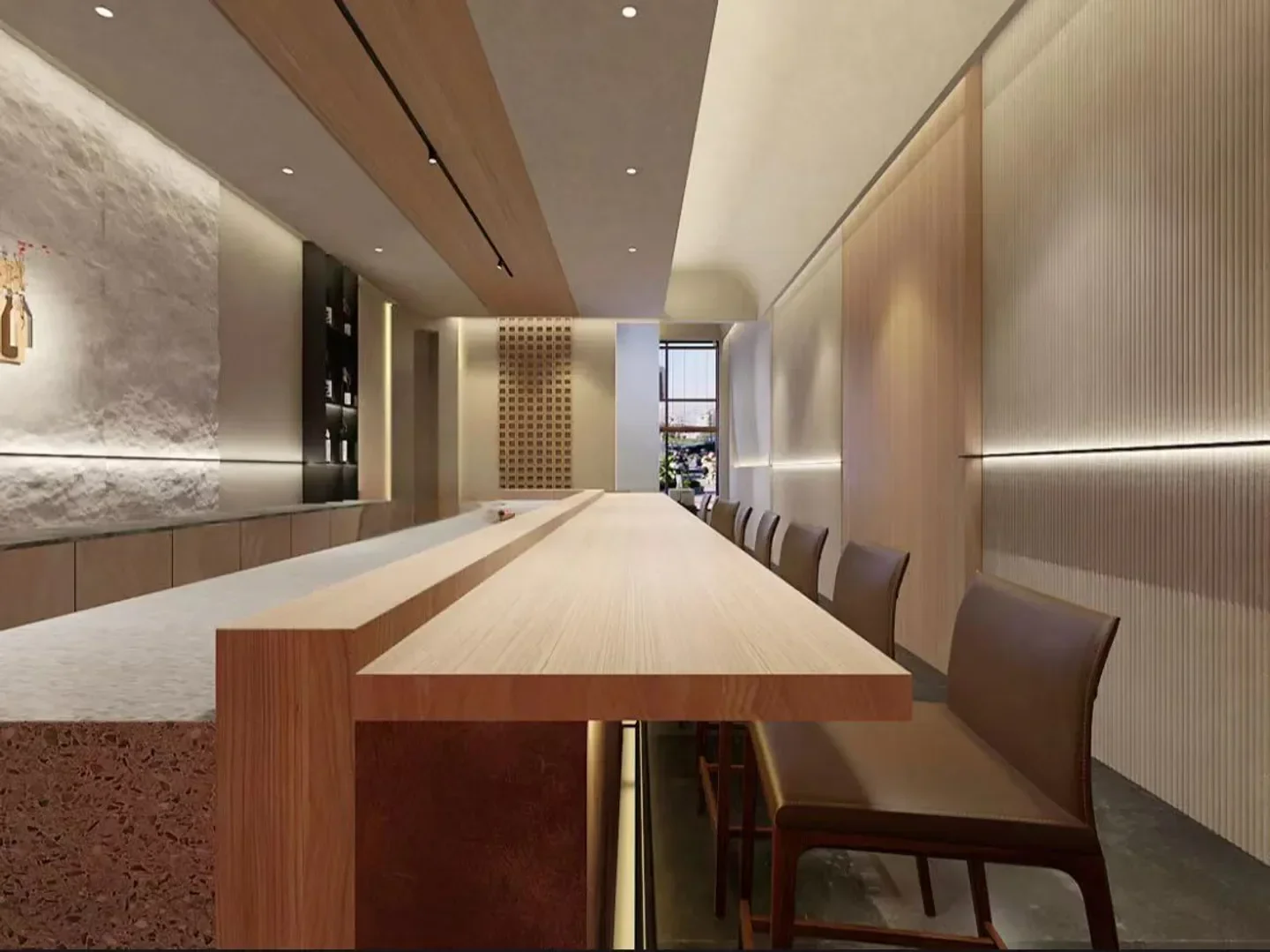 Interior view of Natsu restaurant in Orlando, featuring a long wooden bar and seating.