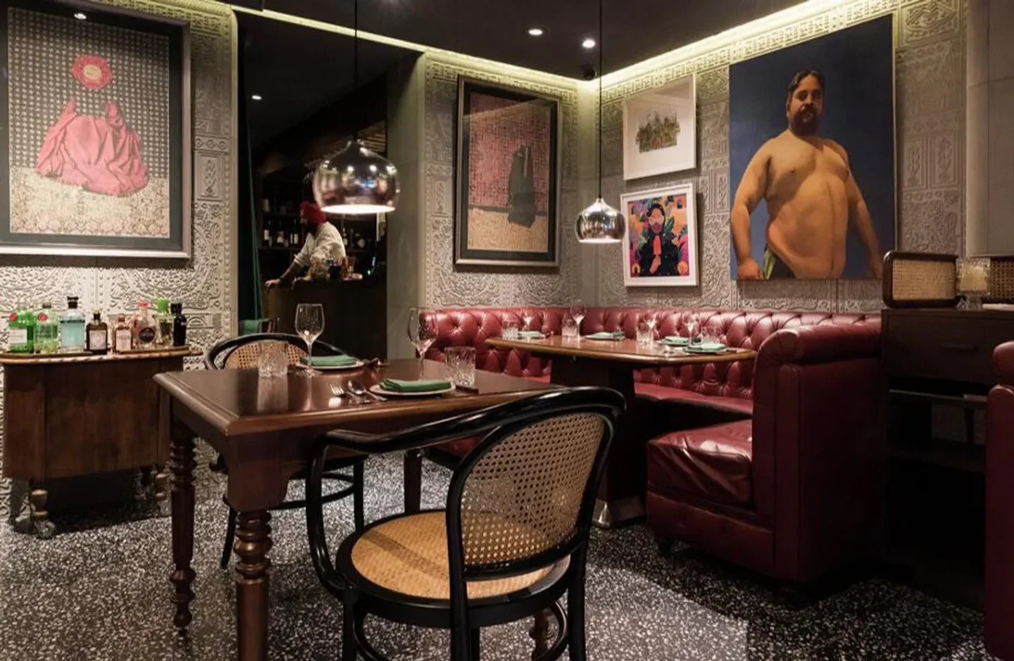 Interior of New Punjab Club in Hong Kong with stylish decor and artwork.