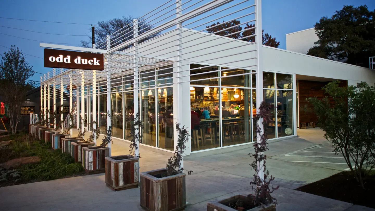 Exterior view of Odd Duck restaurant in Austin, Texas, with a modern design