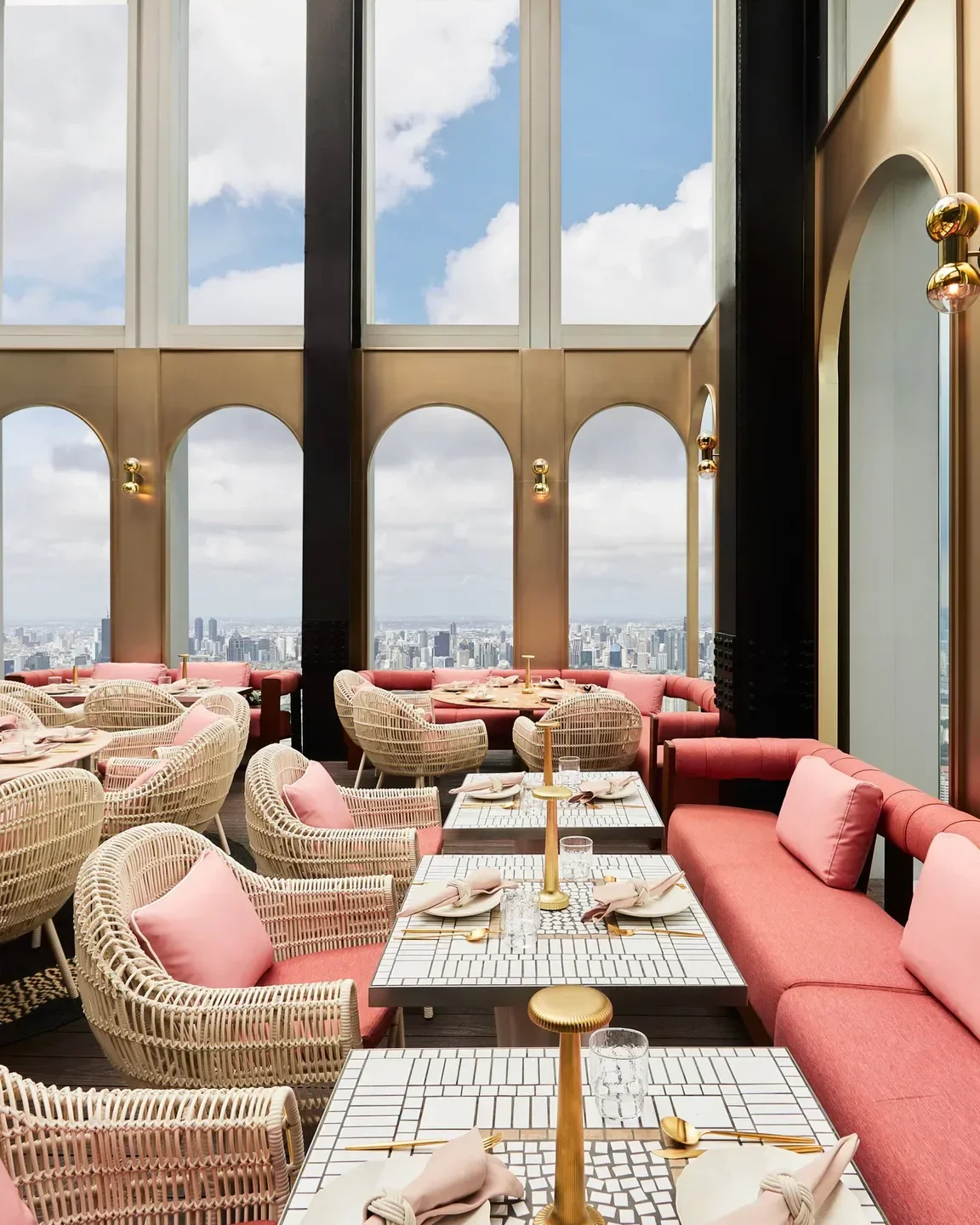 Elegant interior of Ojo Bangkok restaurant with city views over Bangkok