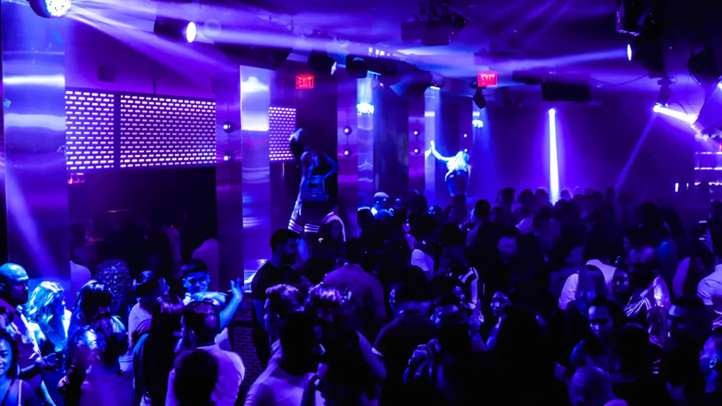 Energetic nightlife scene at Onyx Room nightclub in San Diego with purple lighting.