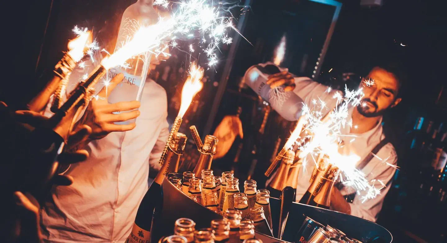 Sparklers and champagne service at Otto Zutz nightclub in Barcelona, Spain.