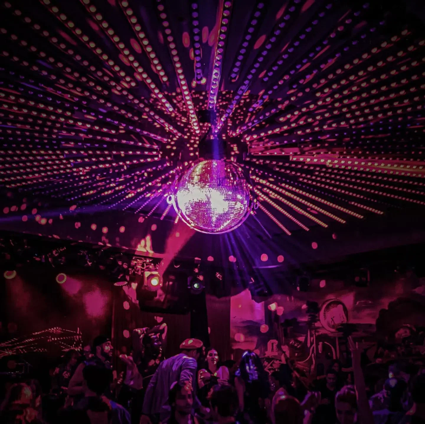 Disco ball and crowd at Paradise Club nightclub in New York City