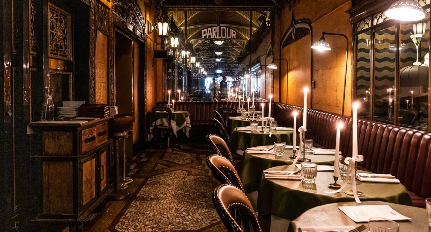 Cozy dining room at Parlour Cucina in Sydney, with candlelight and elegant decor