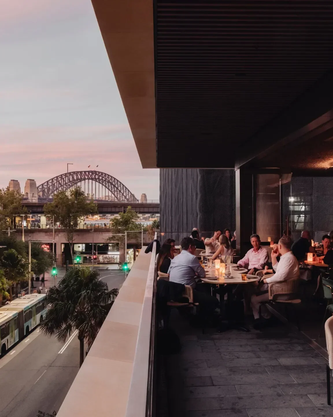Penelope's Sydney: Alfresco dining with Sydney Harbour Bridge views at dusk