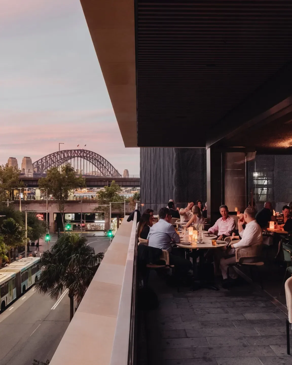 Penelope's Sydney: Alfresco dining with Sydney Harbour Bridge views at dusk