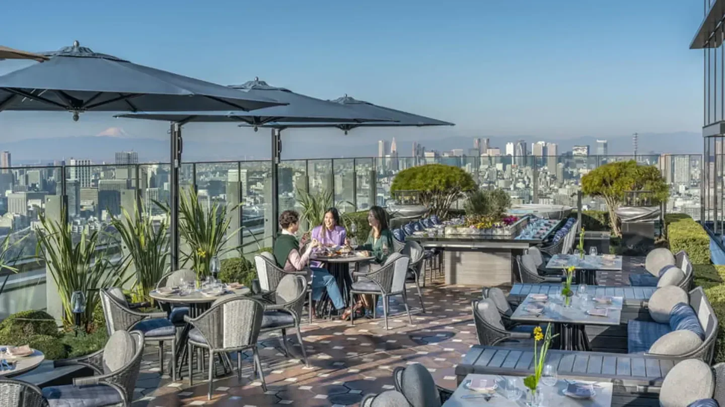 Dining on the rooftop of PIGNETO Four Seasons in Tokyo, overlooking the city skyline.