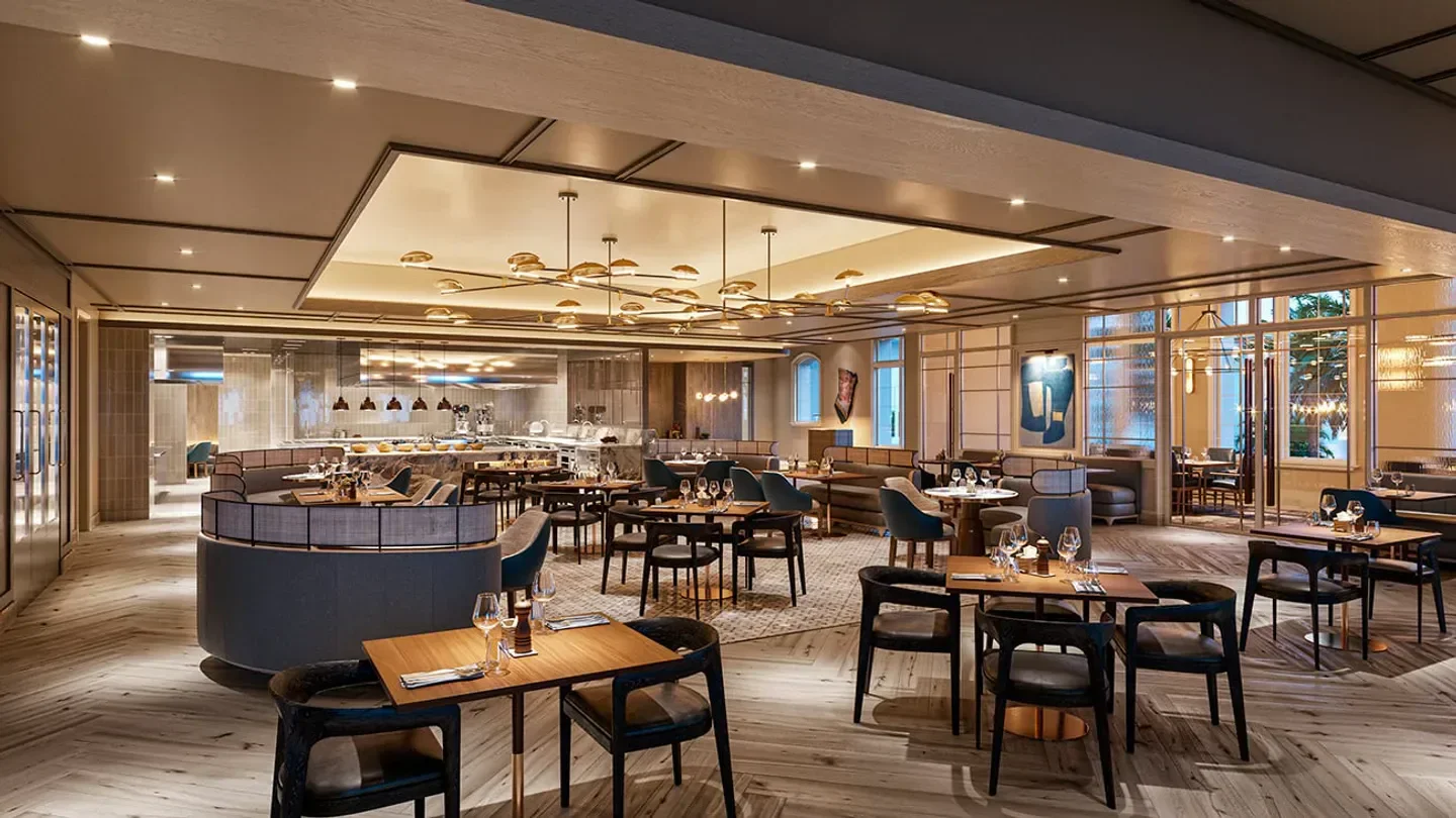 Interior dining space at Ponto Lago restaurant in San Diego, with tables and chairs.