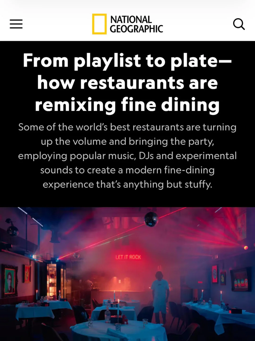 Punk Royale restaurant interior with disco ball and neon "Let It Rock" sign in the city