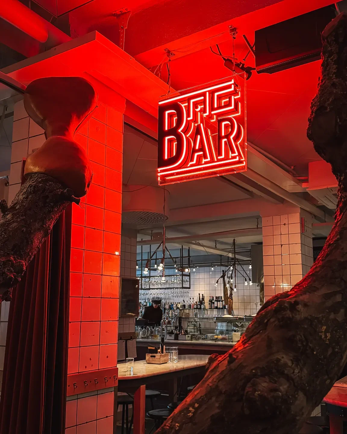 Restaurant AG in Stockholm: Neon bar sign inside the stylish restaurant's interior.