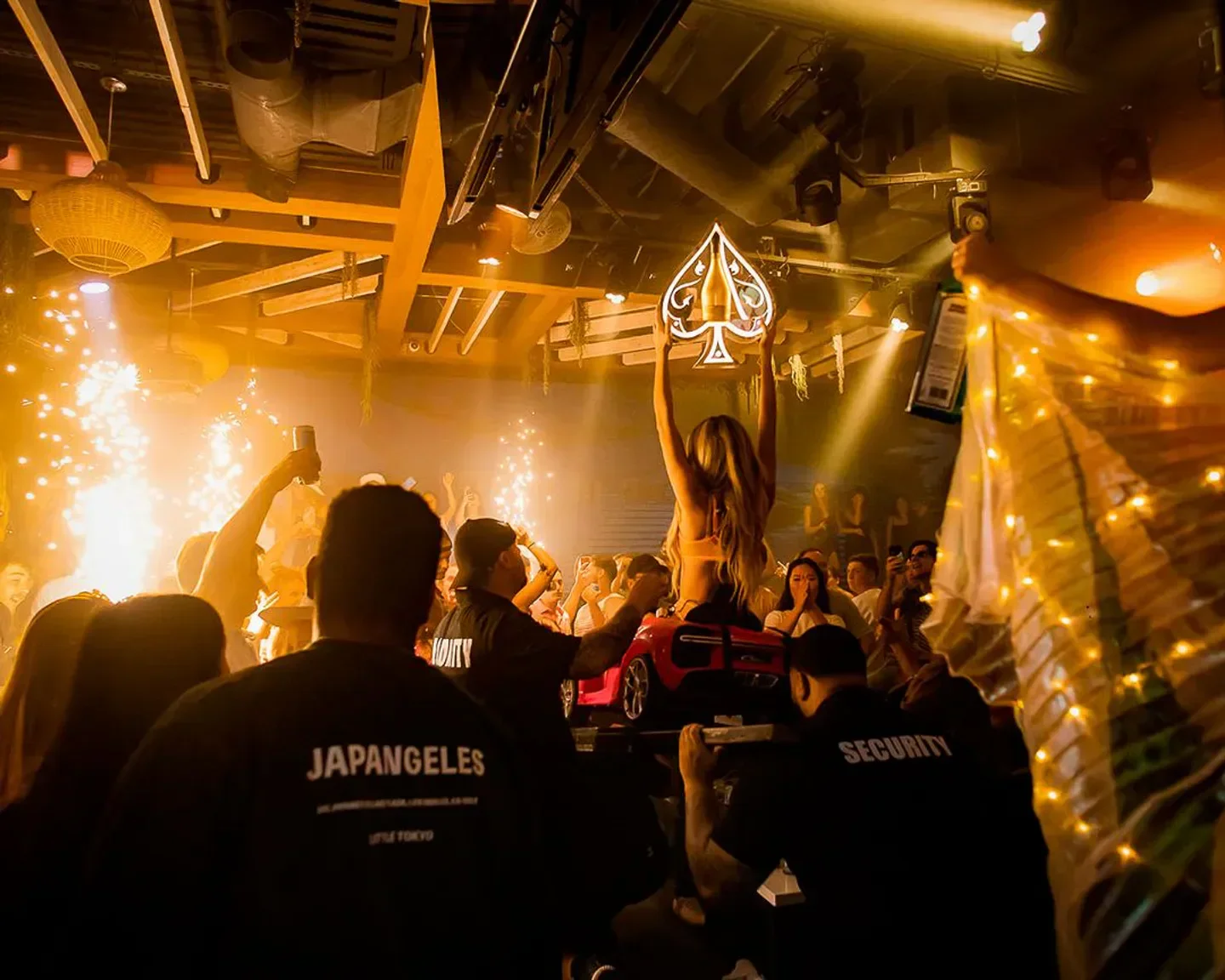 Party scene at Riot House nightclub in Scottsdale with bottle service and fireworks.