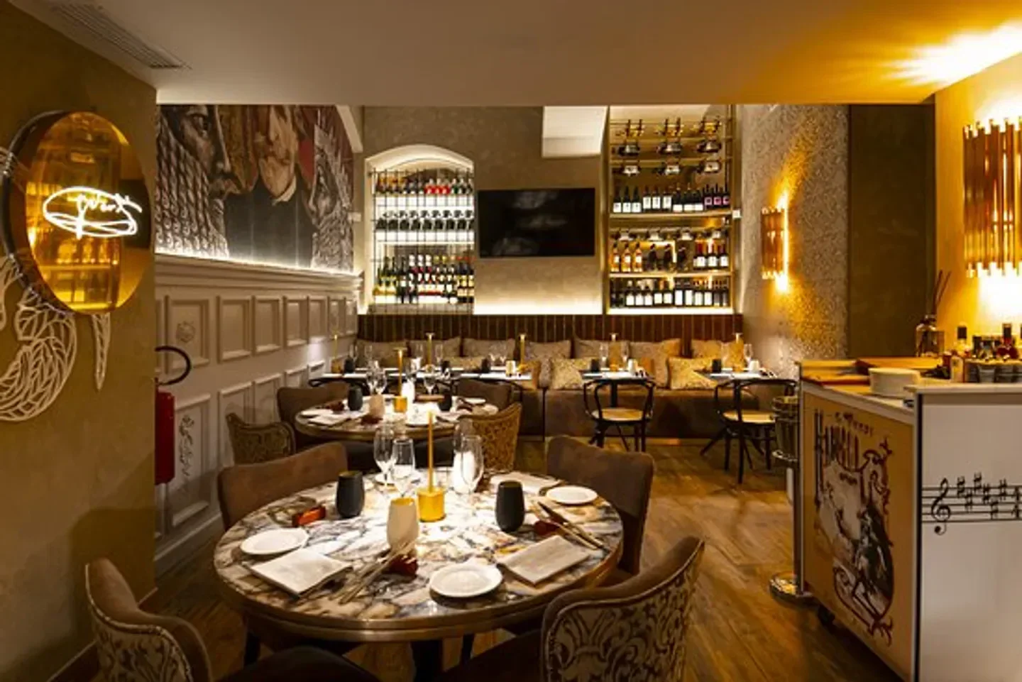Elegant interior of Ristorante Nabucco in Milan, featuring stylish decor and dining tables.