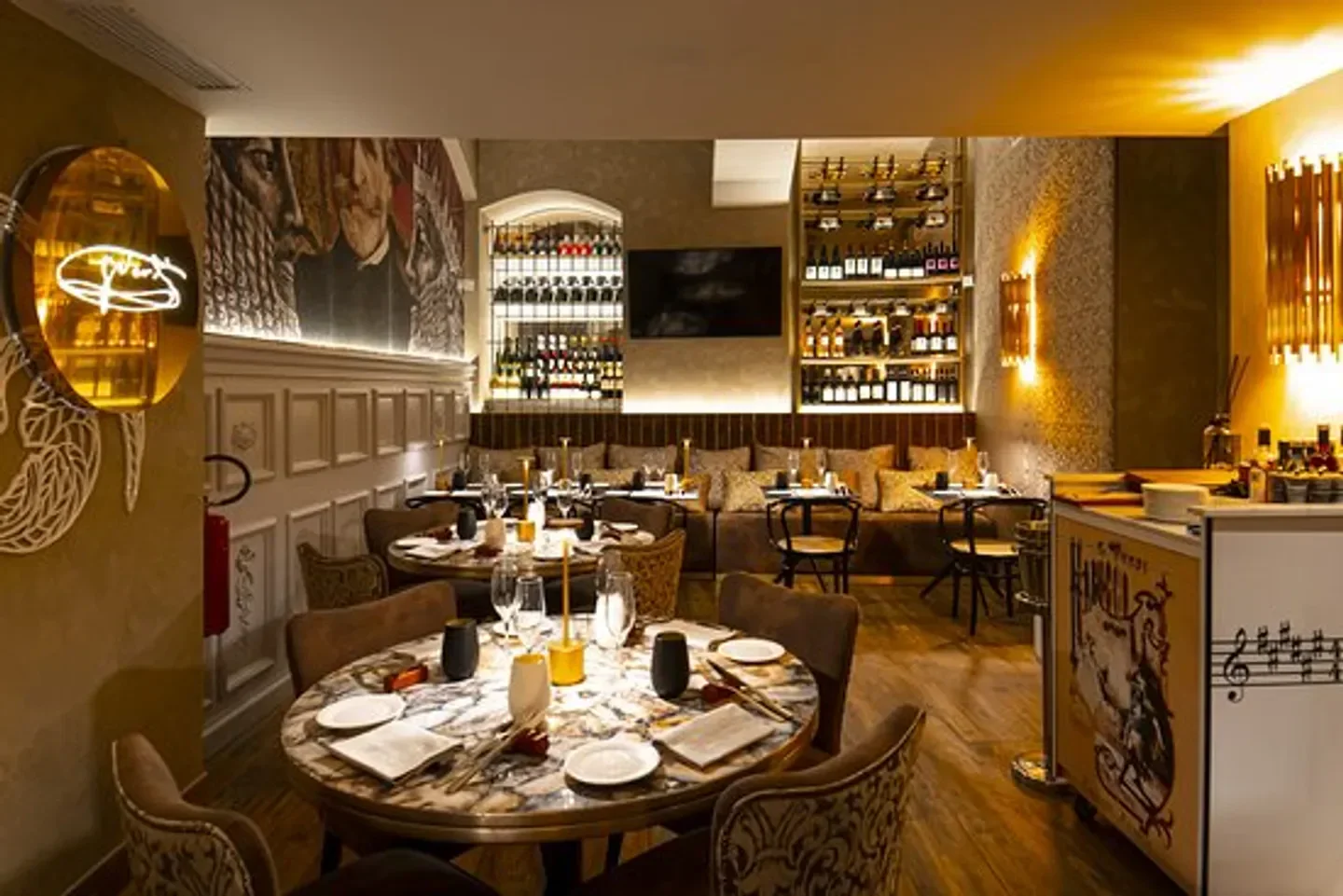 Elegant interior of Ristorante Nabucco in Milan, featuring stylish decor and dining tables.