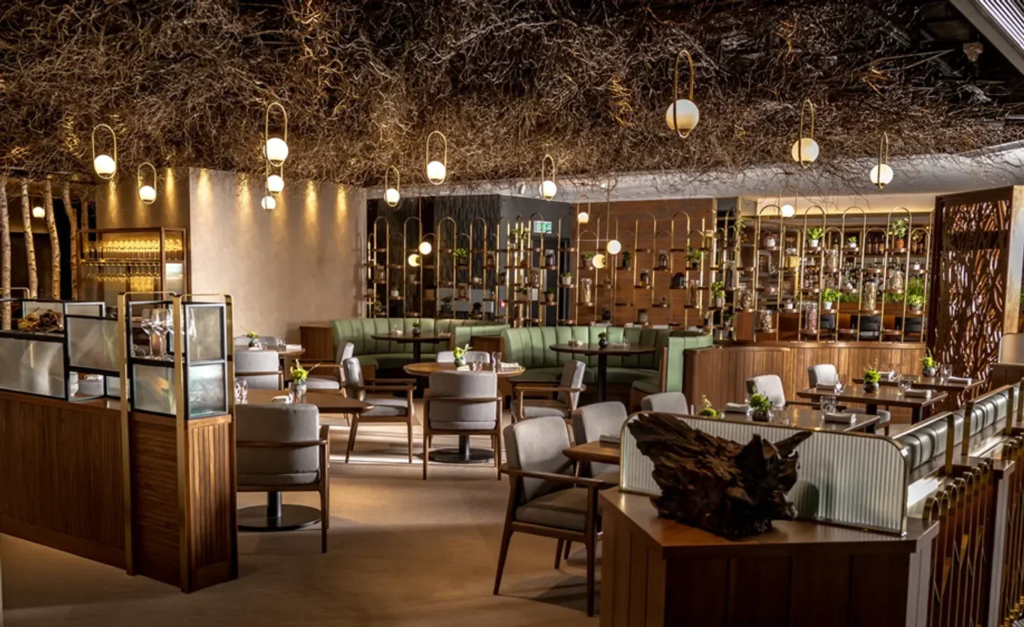 Interior of Roganic Hong Kong restaurant with unique decor and lighting.
