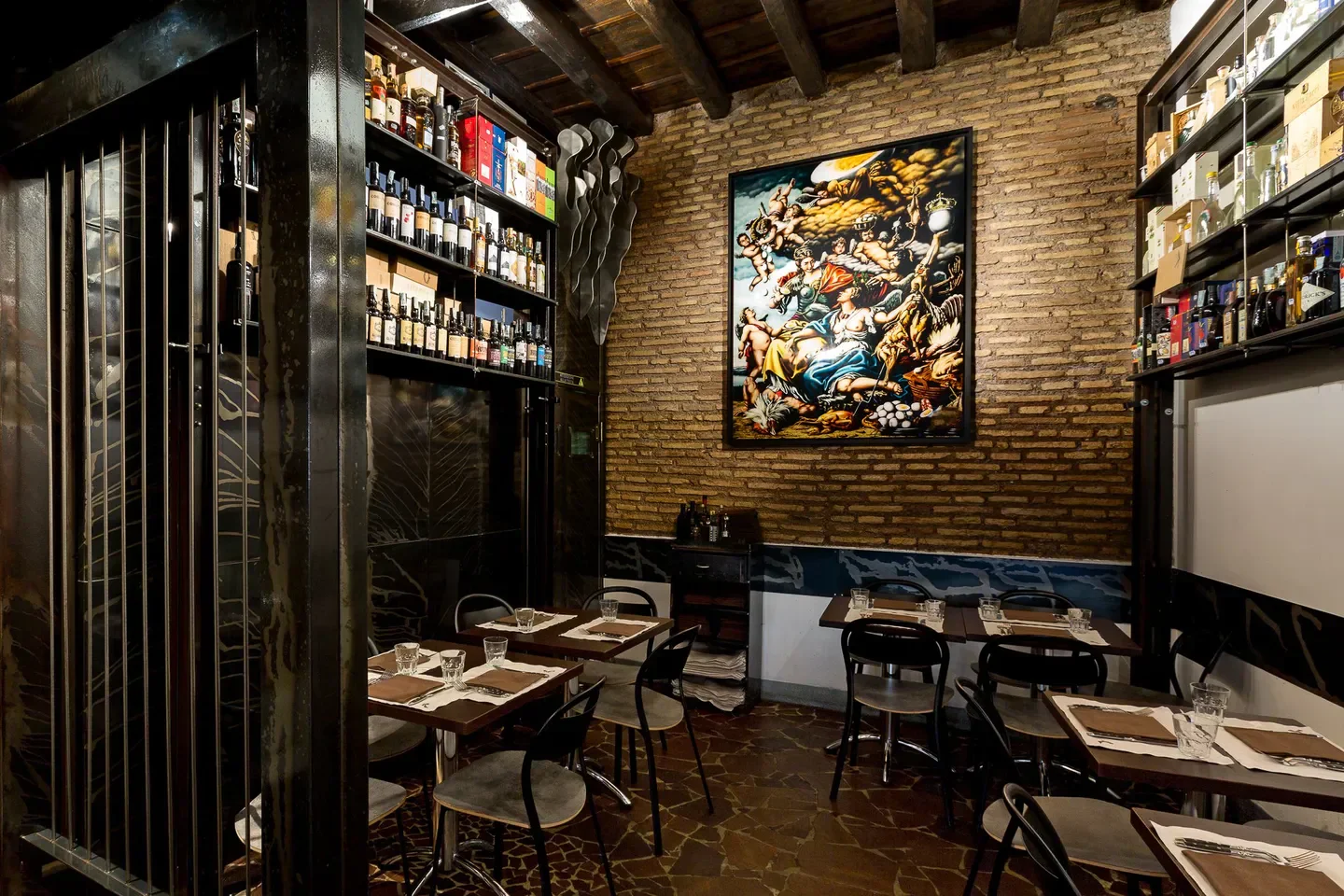Elegant dining at Roscioli Salumeria con Cucina in Rome, with a classic artwork.