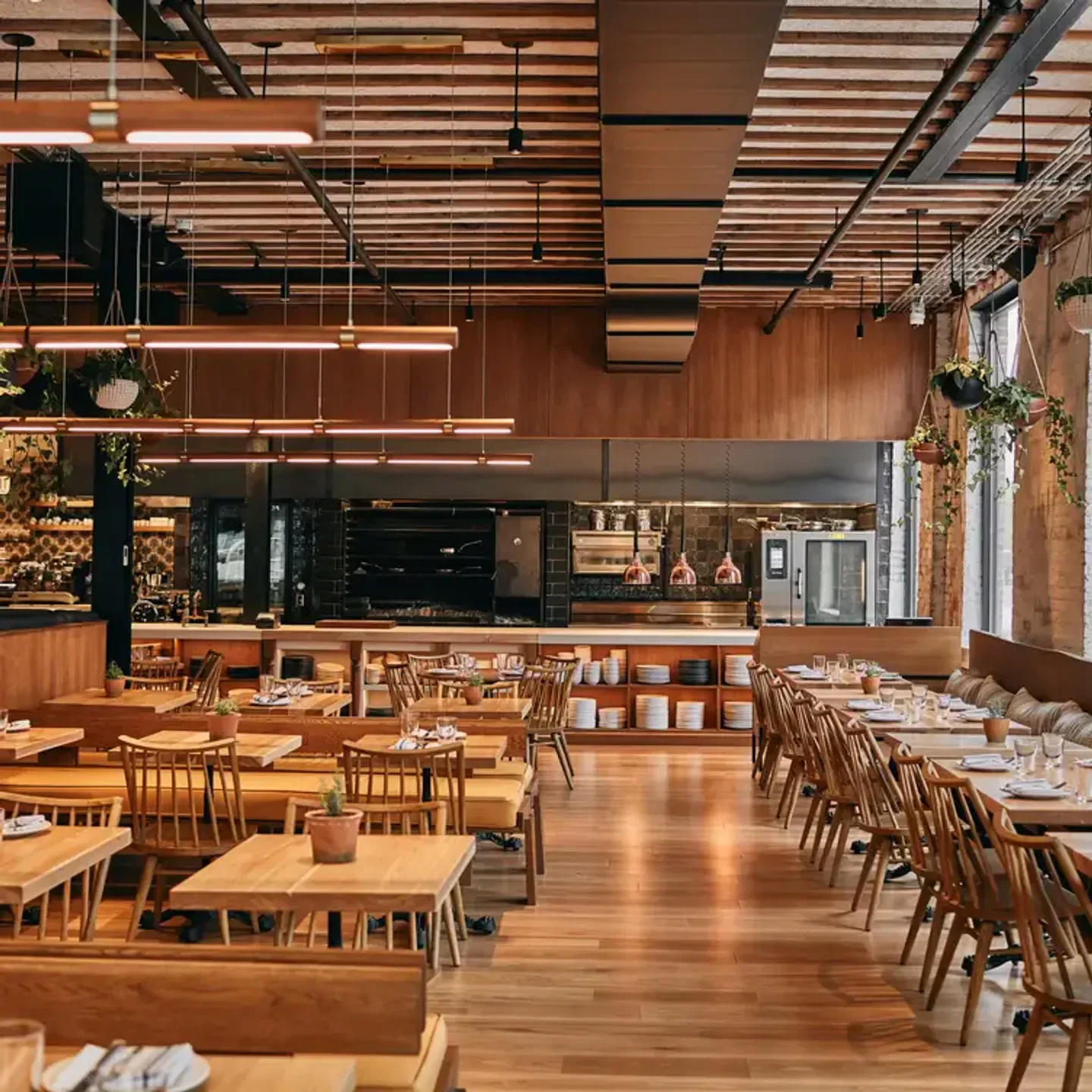 Interior of Rose Mary restaurant in Chicago with wooden tables and hanging plants
