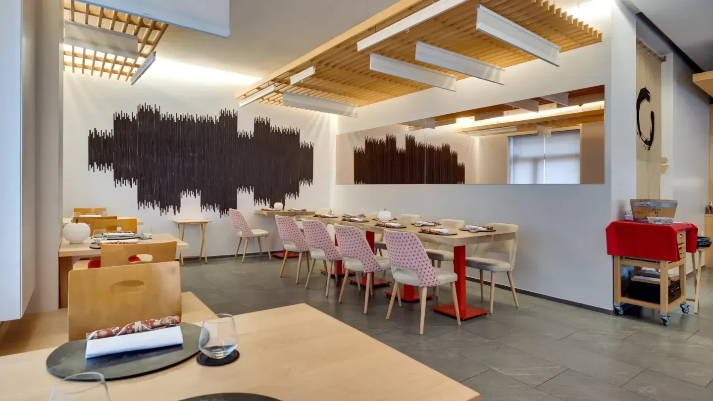 Interior of Ryôdô restaurant in Luxembourg, featuring stylish design and elegant dining tables.