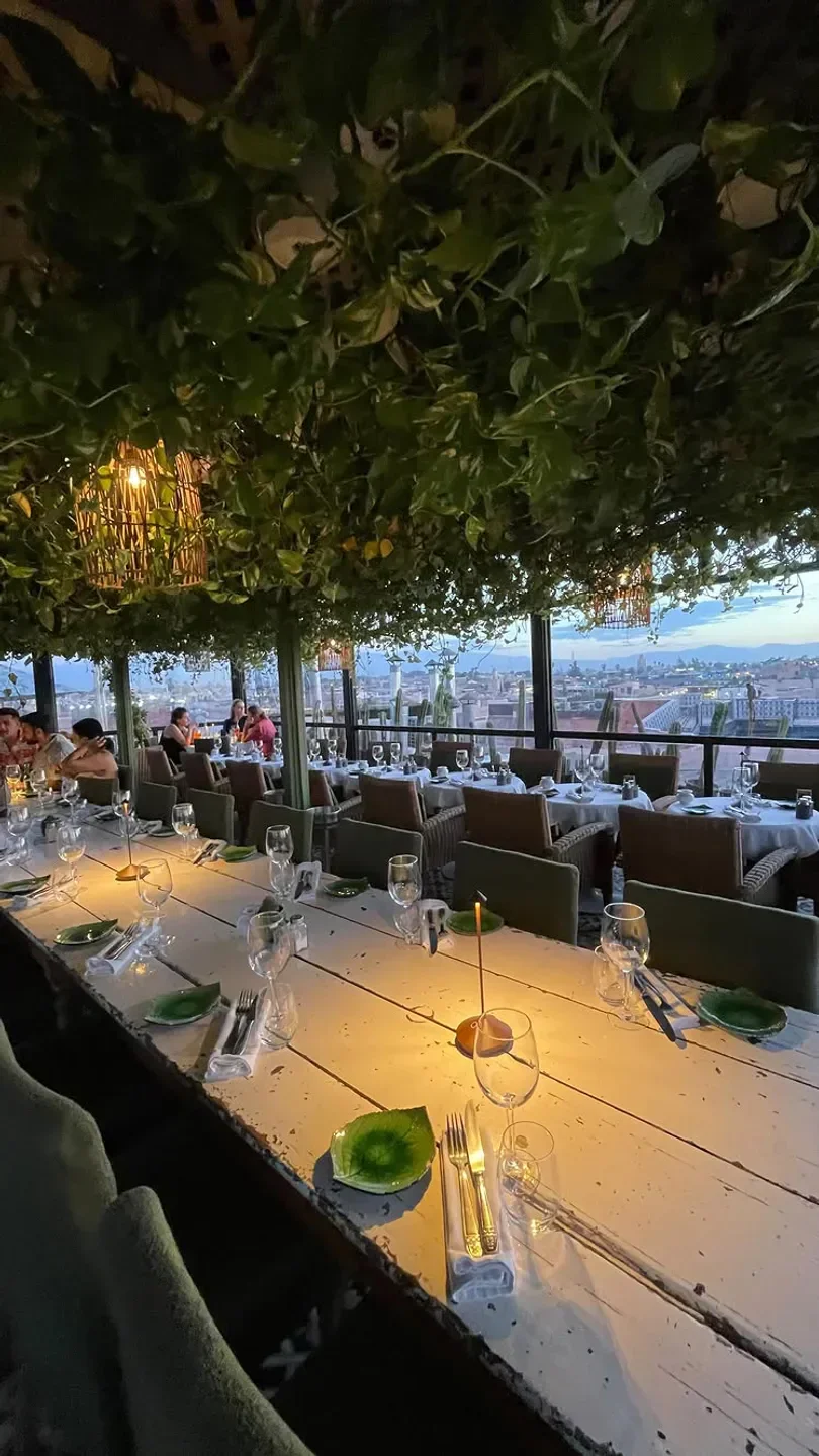 Salama Skybar Marrakech dining: Elegant rooftop restaurant with city views and foliage.