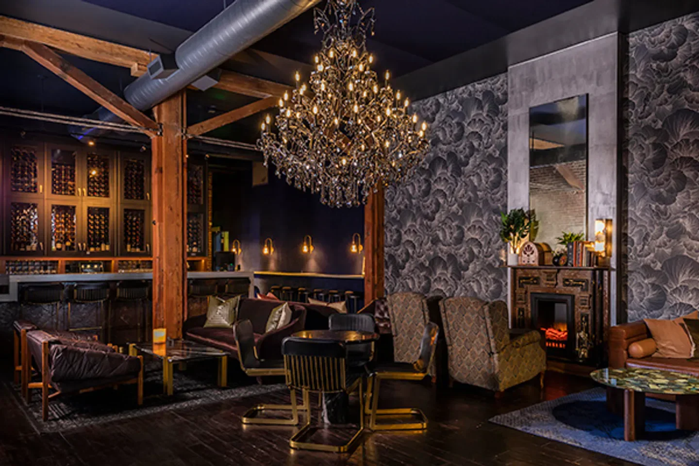 Interior of the San Francisco Wine Society restaurant in San Francisco with a chandelier.
