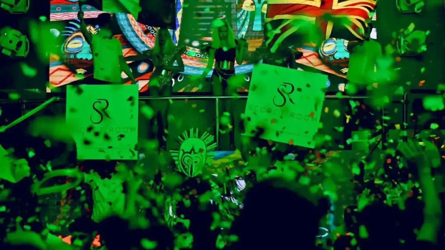 Confetti and performers at Secret Room nightclub in Marrakech, Morocco.