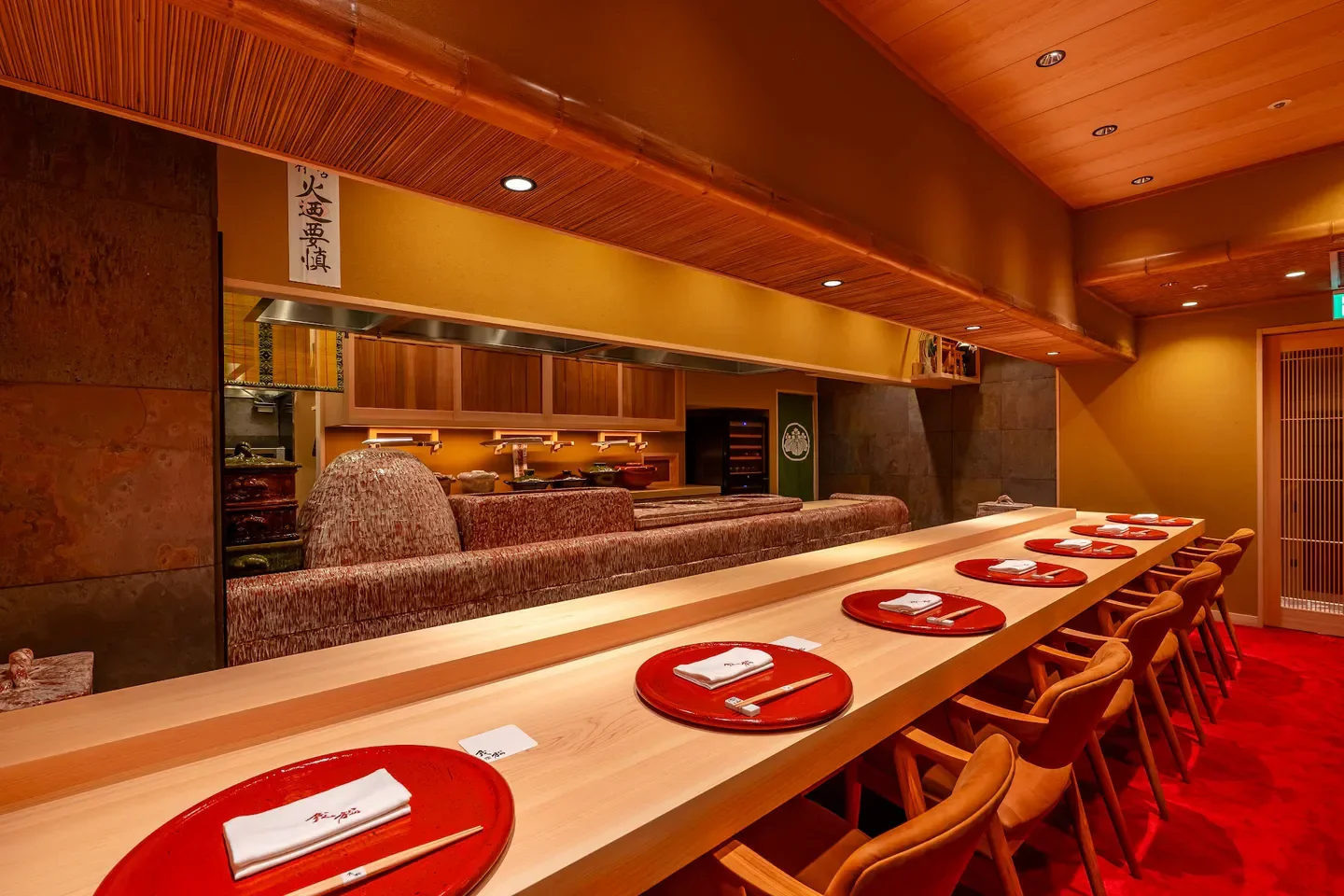 Interior of Shigematsu restaurant in Tokyo with sushi bar and modern design.