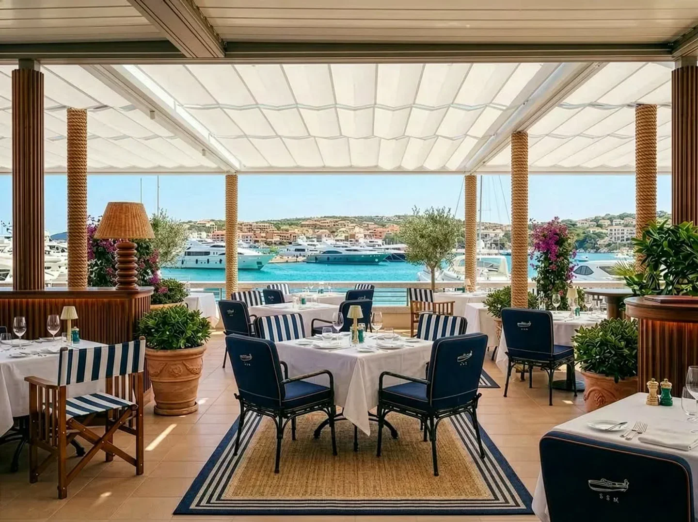 Signor Sassi Mare restaurant in Porto Cervo with a scenic view of yachts and clear blue water.