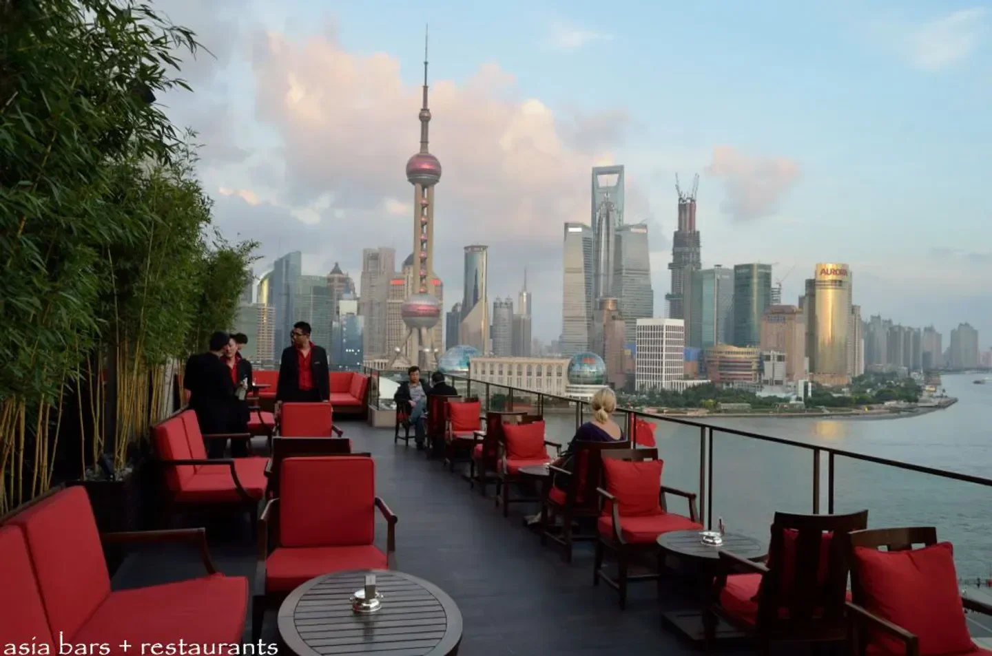 Sir Elly's Terrace restaurant in Shanghai with views of the Pudong skyline