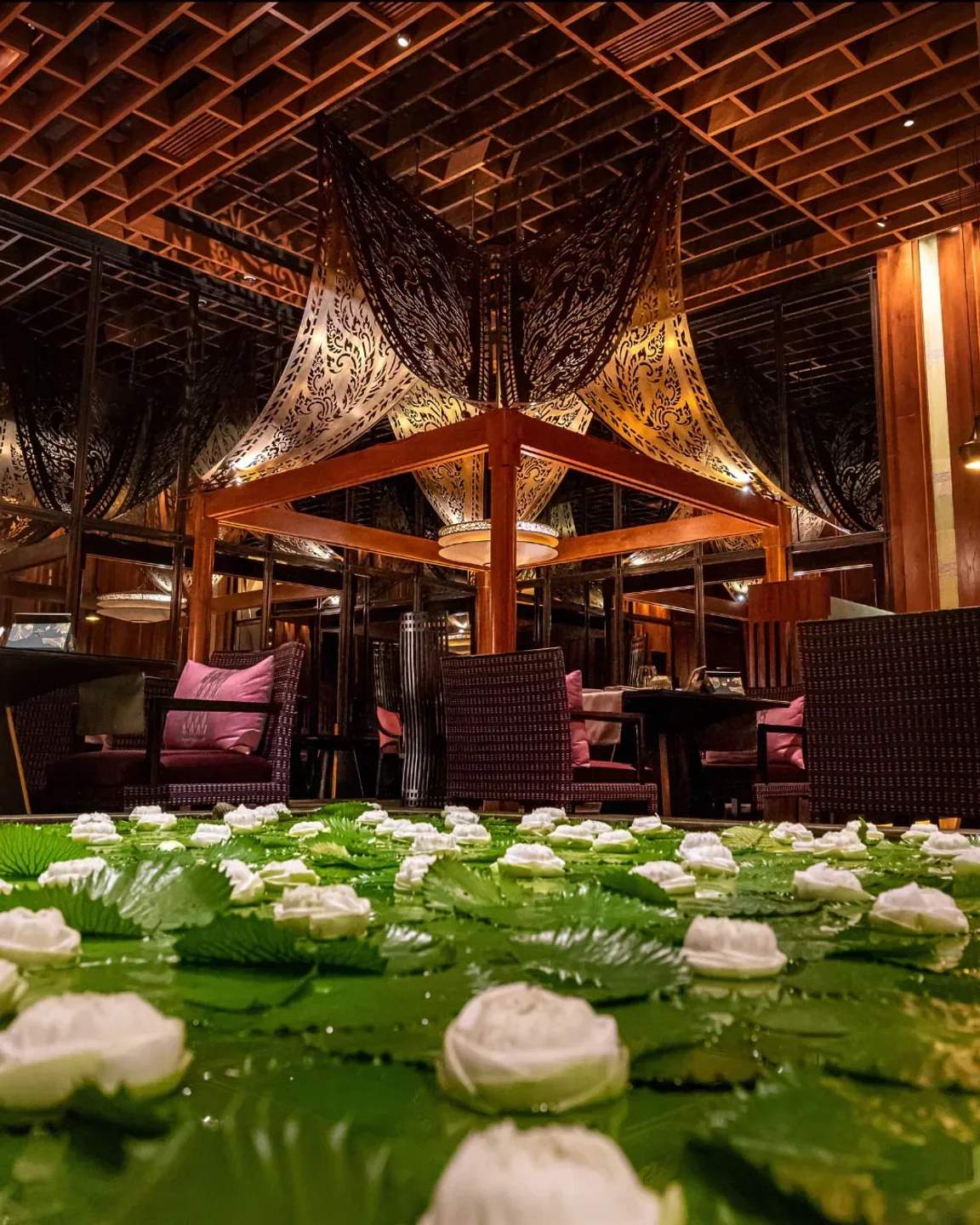 Lotus pond at Sra Bua by Kiin Kiin in Bangkok, fine dining restaurant.