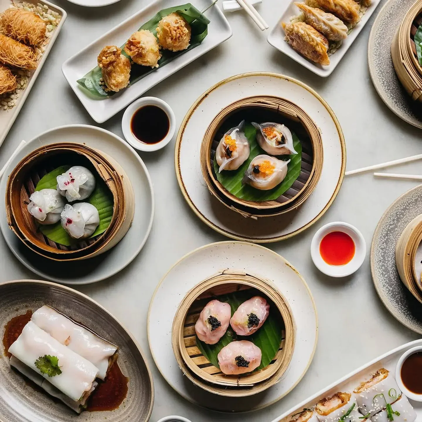 Delicious dim sum dishes at Sushi E in Sydney, including dumplings and rolls.
