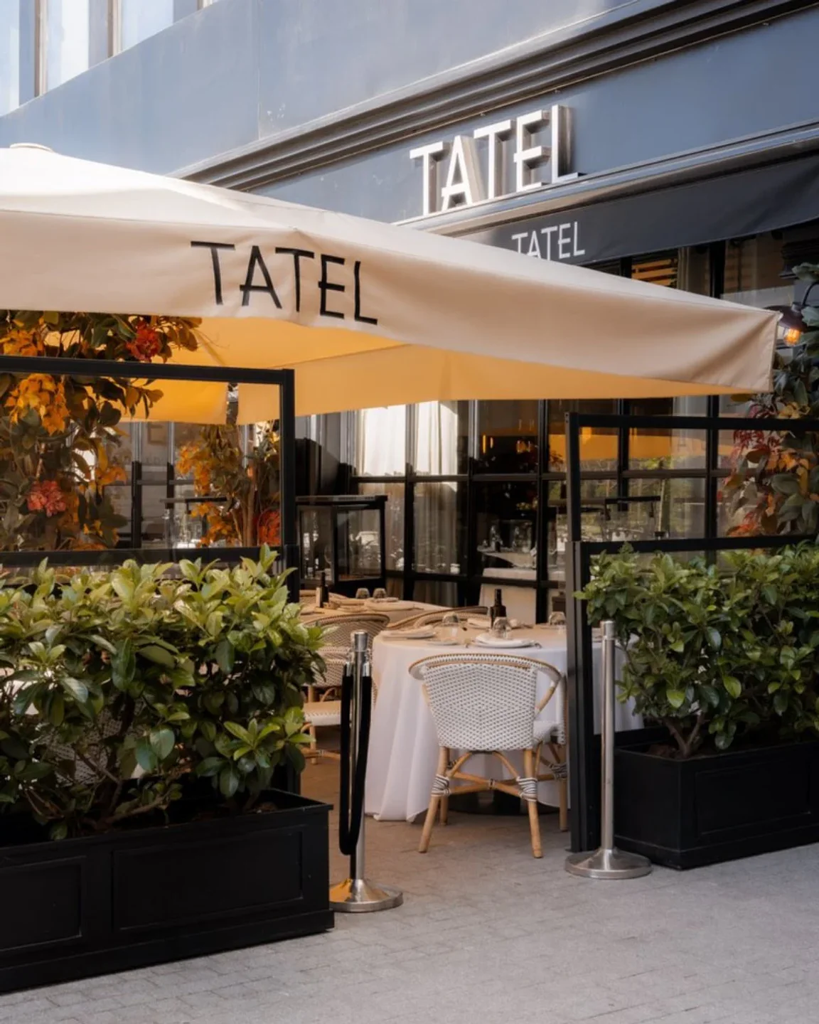 TATEL restaurant exterior with elegant outdoor seating and lush greenery in the city.