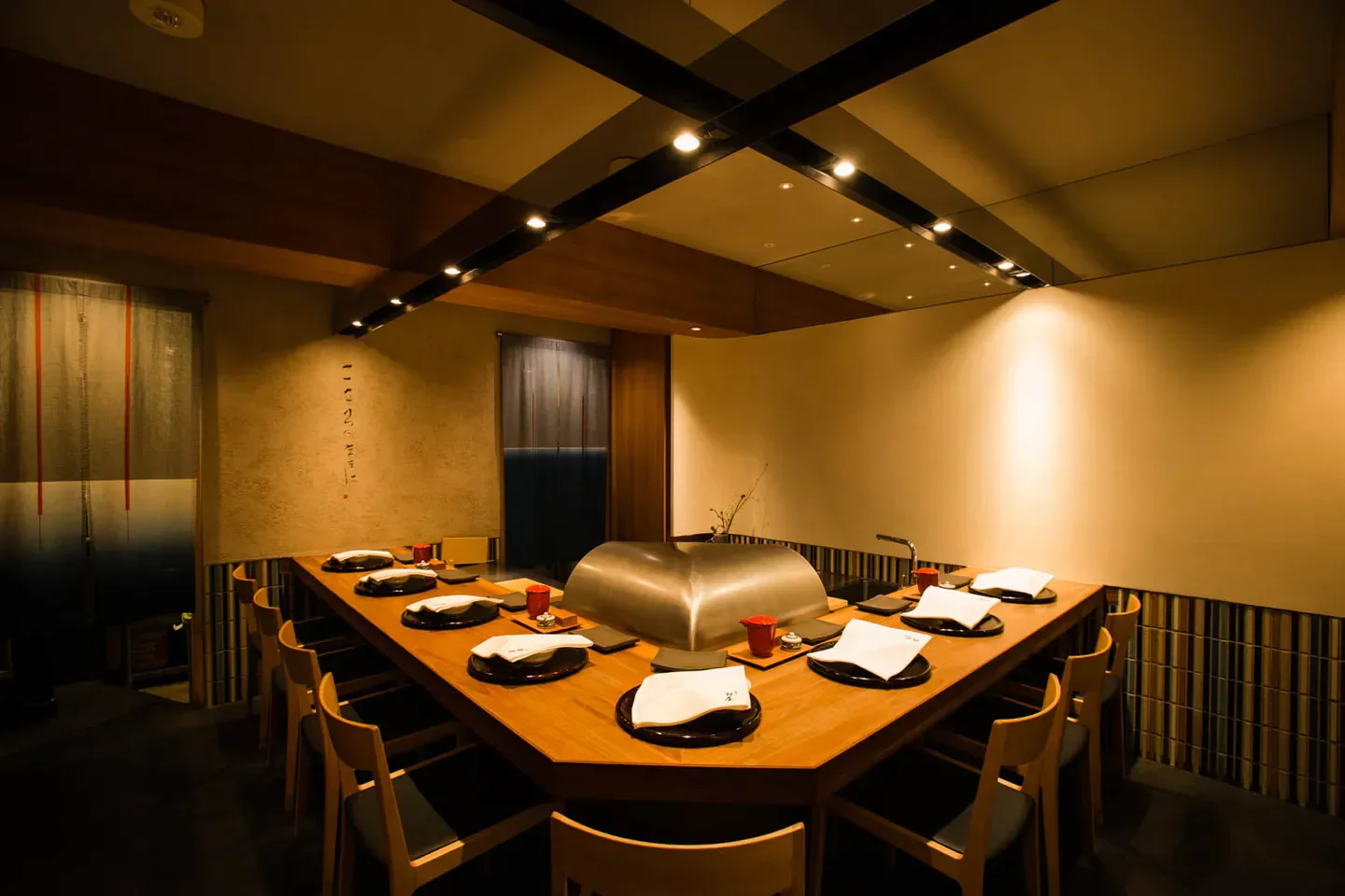 Interior of Tempura Ginya in Tokyo, with a unique table setting for an intimate dining experience
