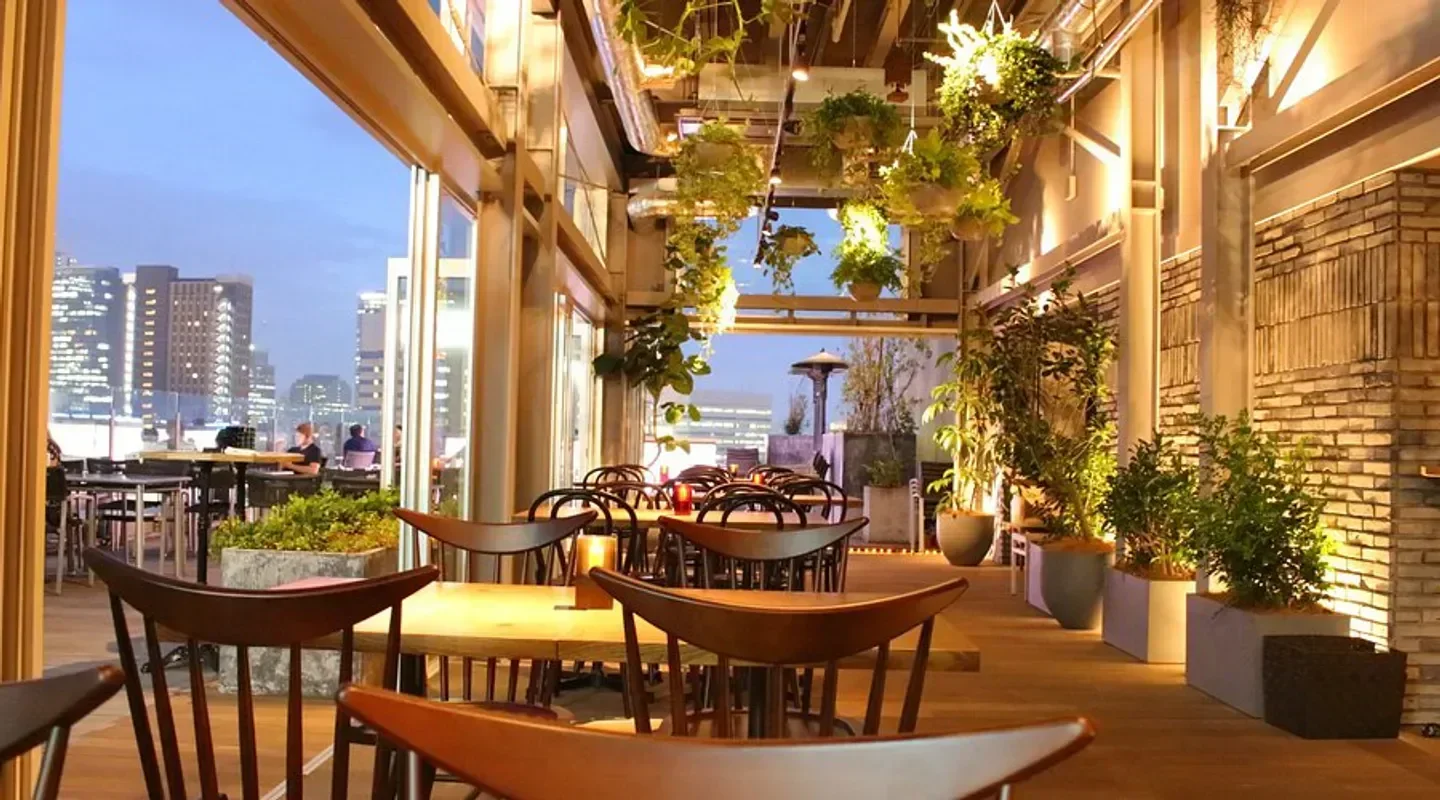Terrace G rooftop bar in Tokyo at dusk, showcasing plants and city views