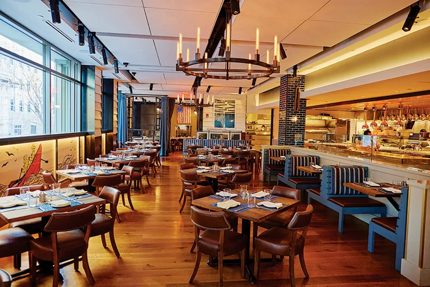 Interior of The Banks Fish House restaurant in Boston with tables and decor.