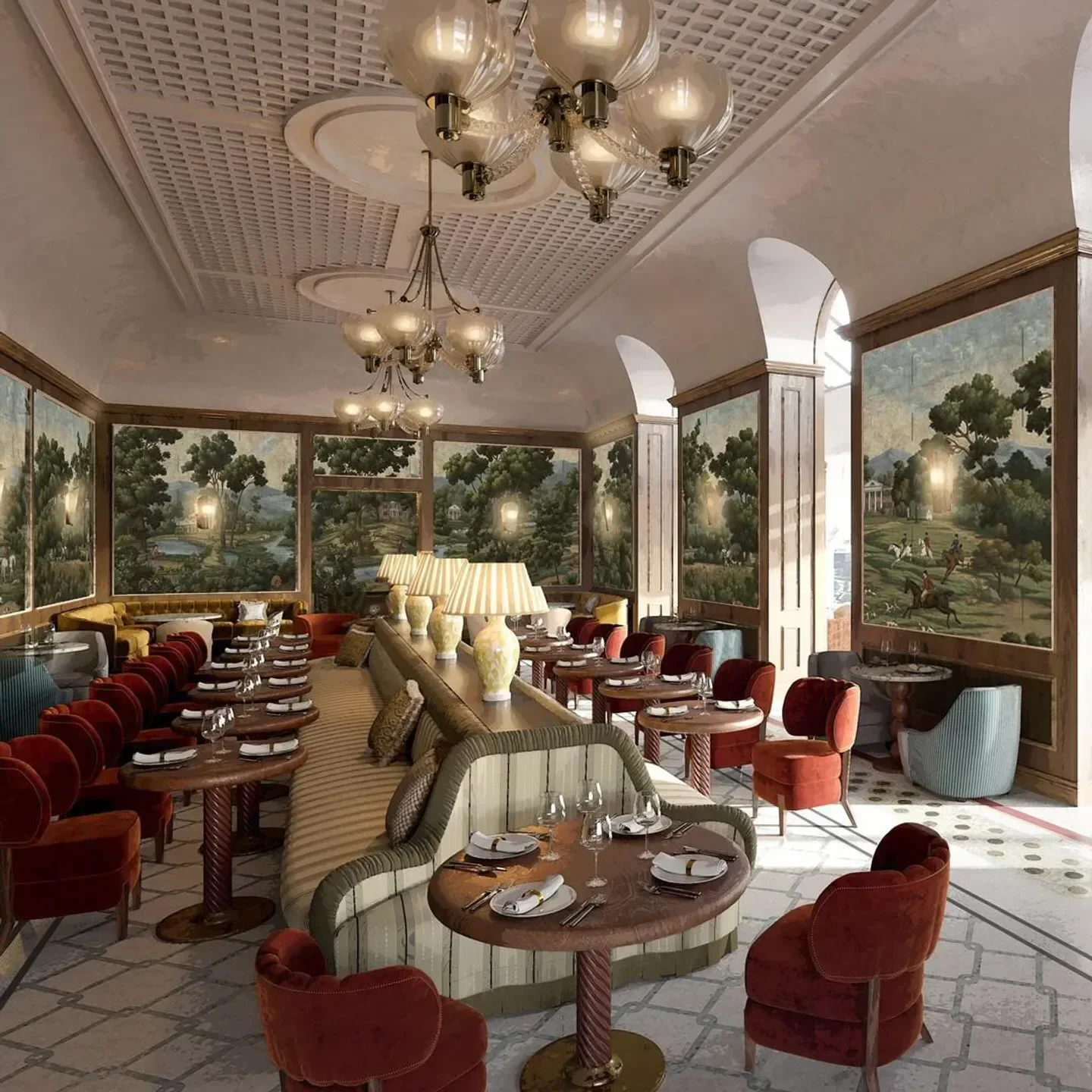 Elegant dining room interior at The Ned London, featuring ornate decor and London ambiance.