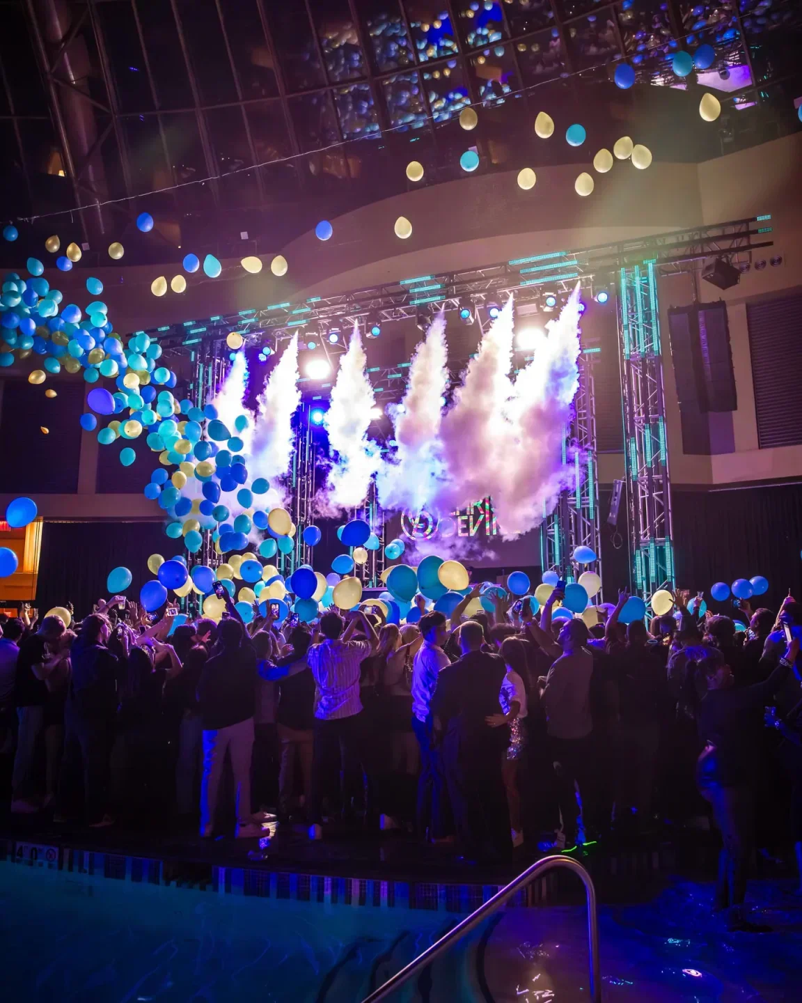 Party at The Pool After Dark nightclub in Atlantic City with balloons and stage show