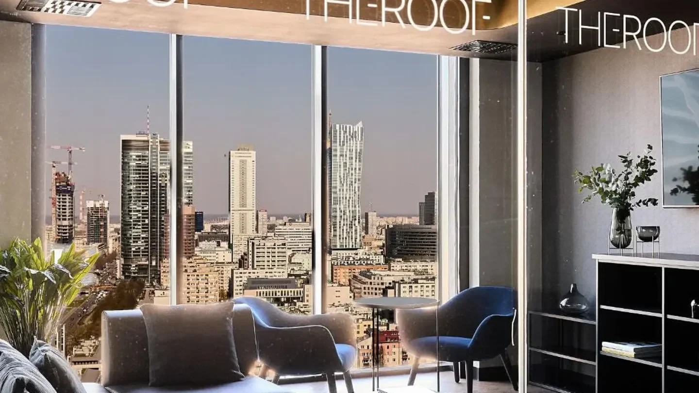 The Rooft Sky Bar in Warsaw, featuring city views from a stylish restaurant interior.